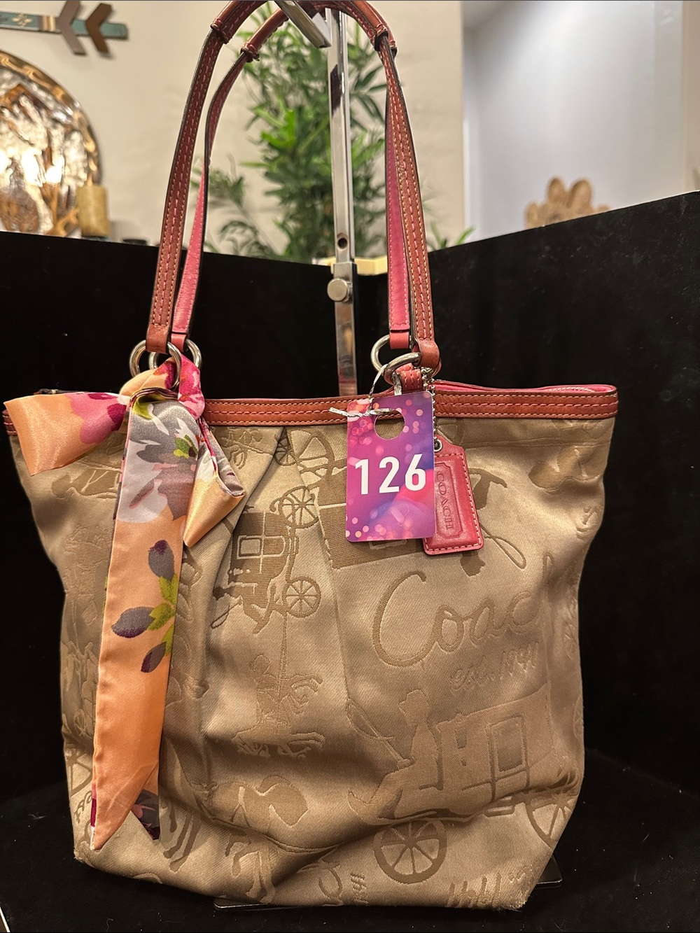 Coach #126 Horse & Carriage Script Sateen Salmon Pink interior Tote